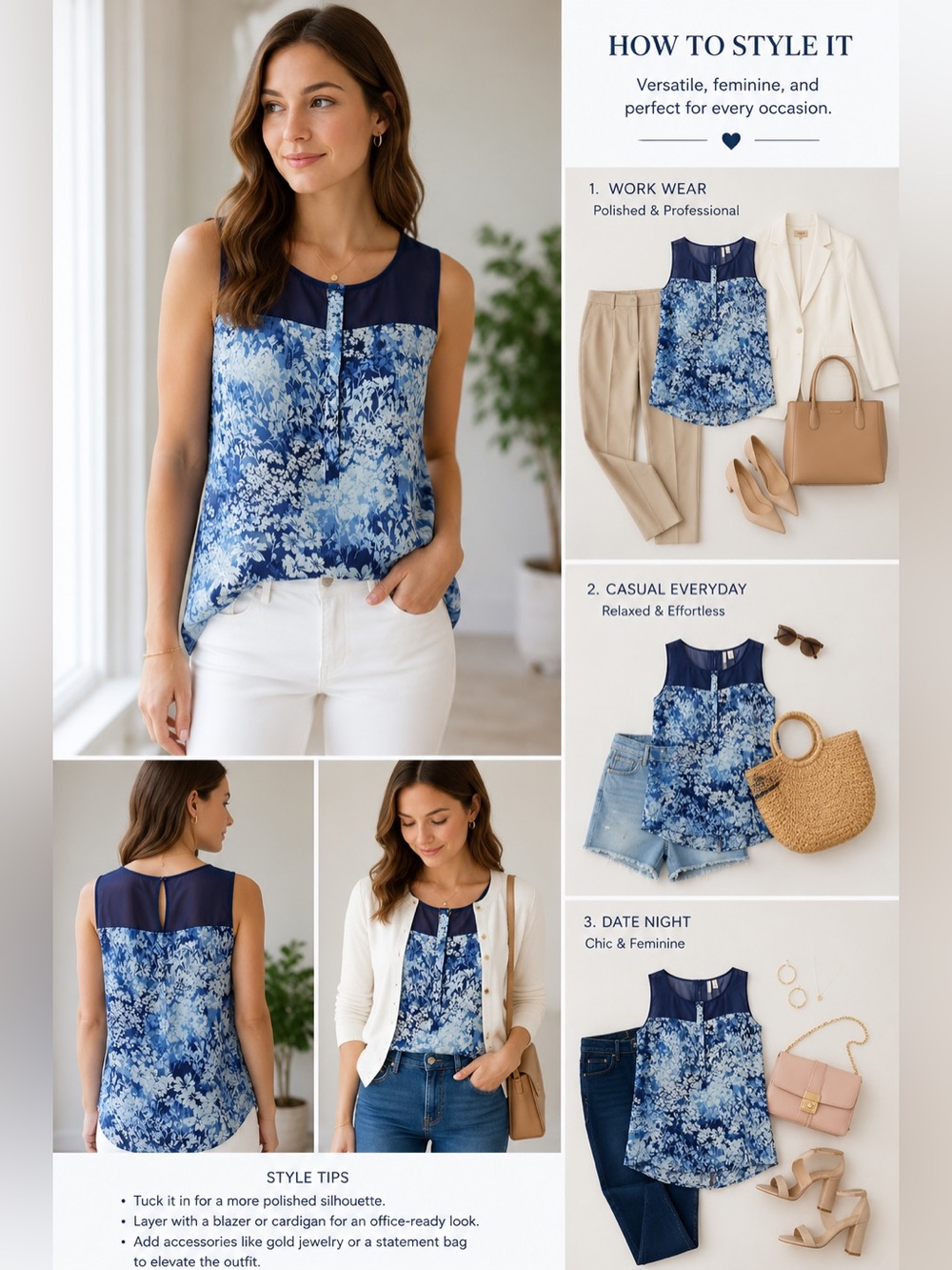 LC Lauren Conrad Blue Floral Sleeveless Chiffon Blouse Top Size Medium